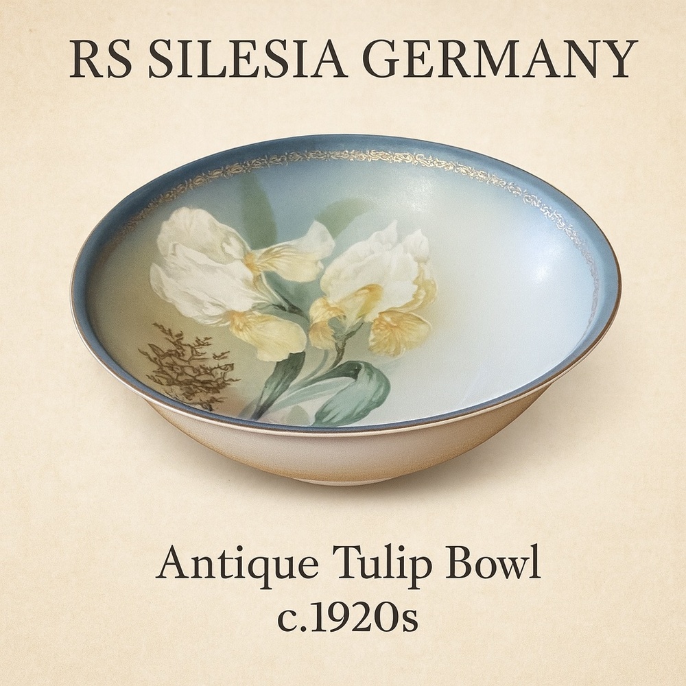 RS Silesia Germany Gold Gilt Hand Painted Tulip Porcelain Bowl c.1920s 9" - Picture 2 of 16